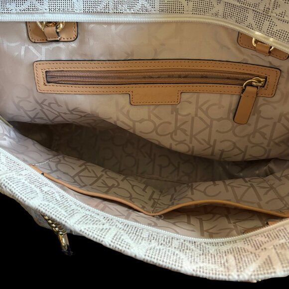 Calvin Klein CK Large Designer Purse Chain Tote White Tan Logo Monogram Hayden L - Picture 10 of 12